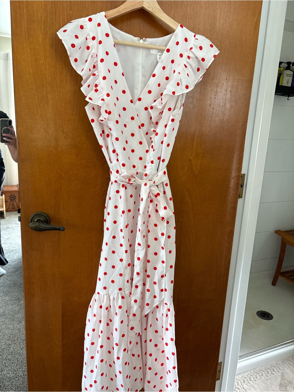1901 White Maxi Dress with Red Polka Dots and Ruffle Sleeves